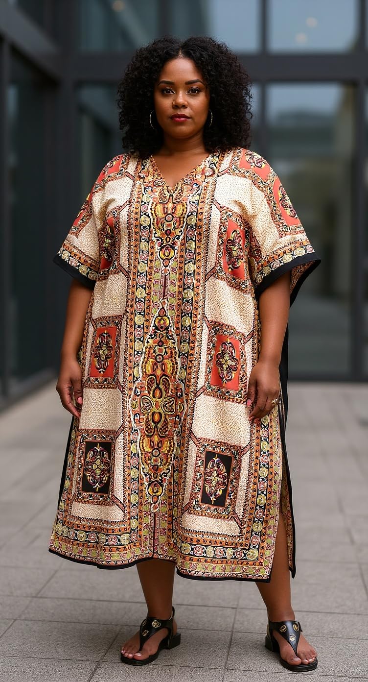 Oussum Ladies Kaftans Kimono Maxi Style Dresses Geometric Printed Caftan Beach Dress Women Plus Size Evening Gown Beige - Image 2